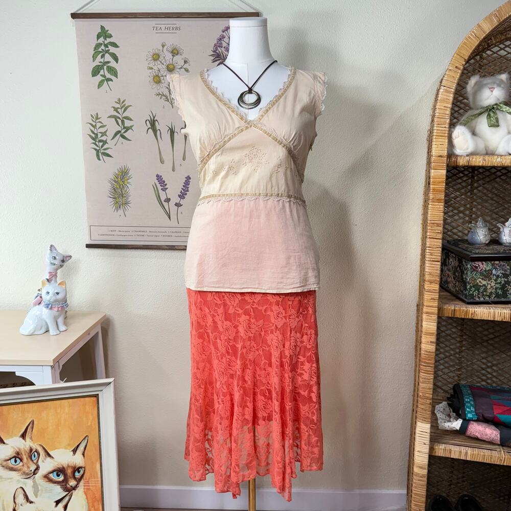 Vintage 90s Y2k Coral Lace Asymmetric Hem Skirt Fairy Grunge Whimsy Himekaji S M